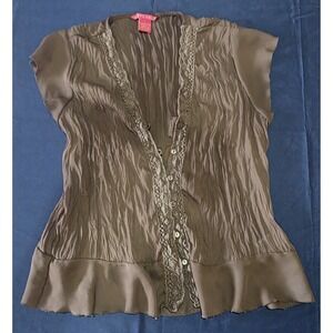 Sunny Leigh Brown Crinkle Crochet Lace Trim Button Front Blouse Size L